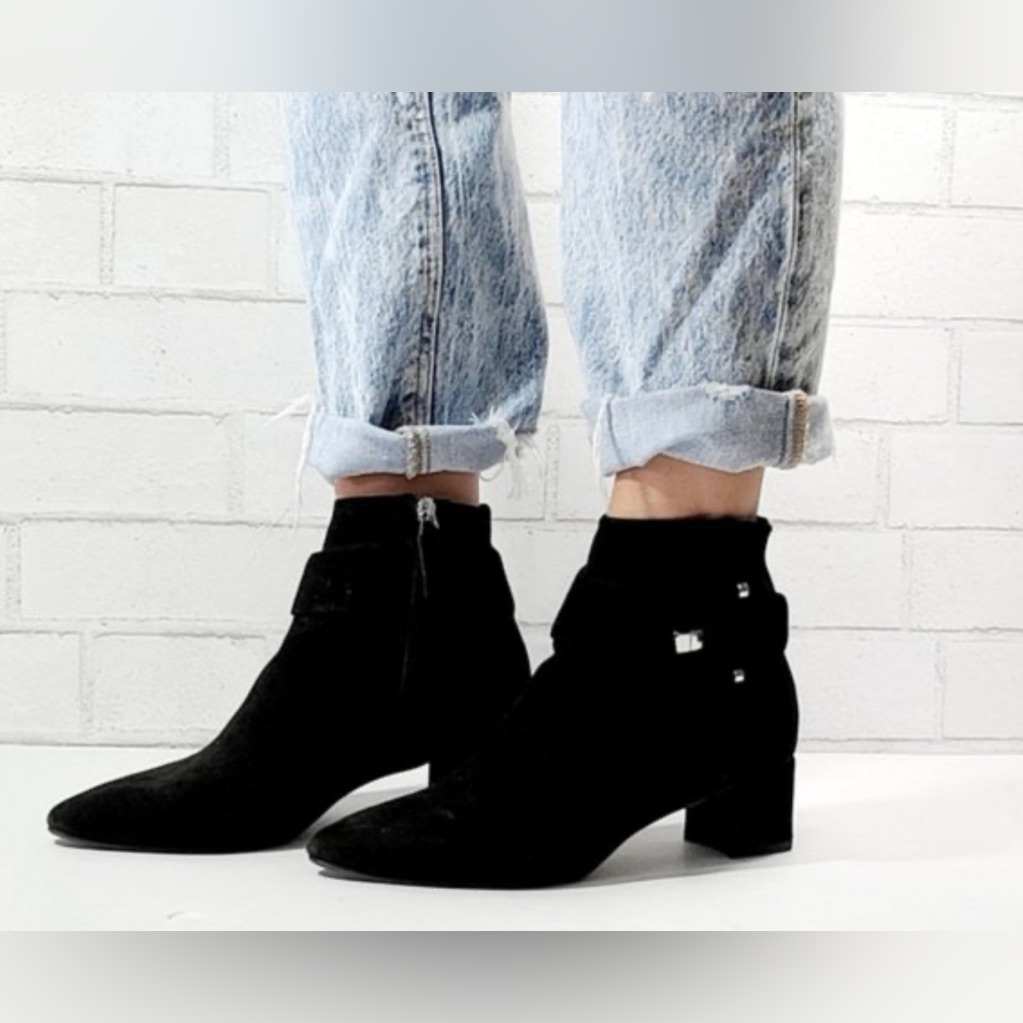Aquatalia Phiona Suede Block Heel Black Buckle Booties 8.5